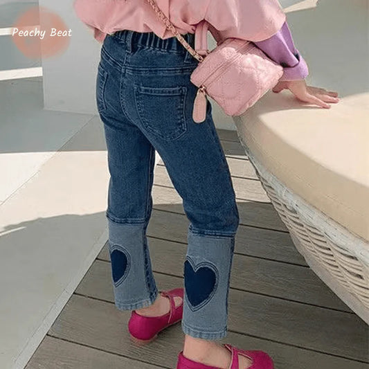 Fashion Baby Girl Cotton Straight Jean Pant Infant Toddler Child Denim Heart Patchwork Trousers Casual Pant Baby Clothes 1-10Y