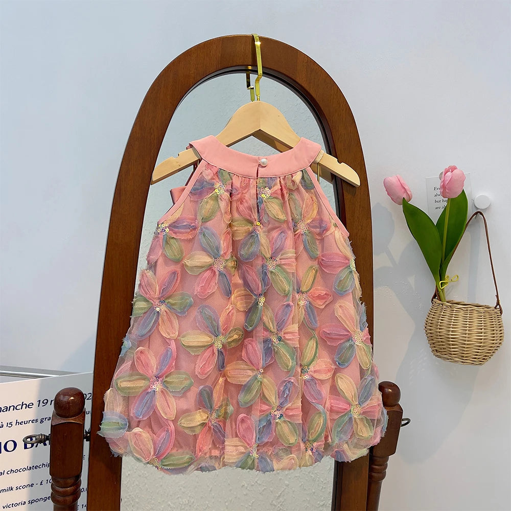 Bear Leader Girl Dress 2025 Summer New Girl Dress Princess Dress Little Girl Fashion Colorful Flower Yarn Dresses Kid Clothes