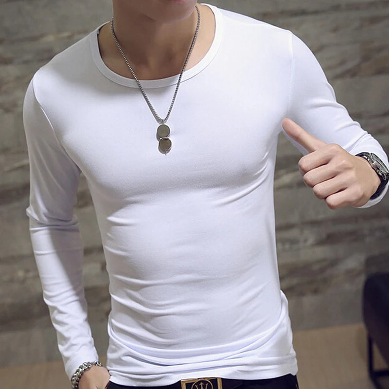 Elastic Mens T-Shirt O-Neck Round Neck Long Sleeve Men T-Shirt For Male Lycra And Cotton T-Shirts Man Clothing