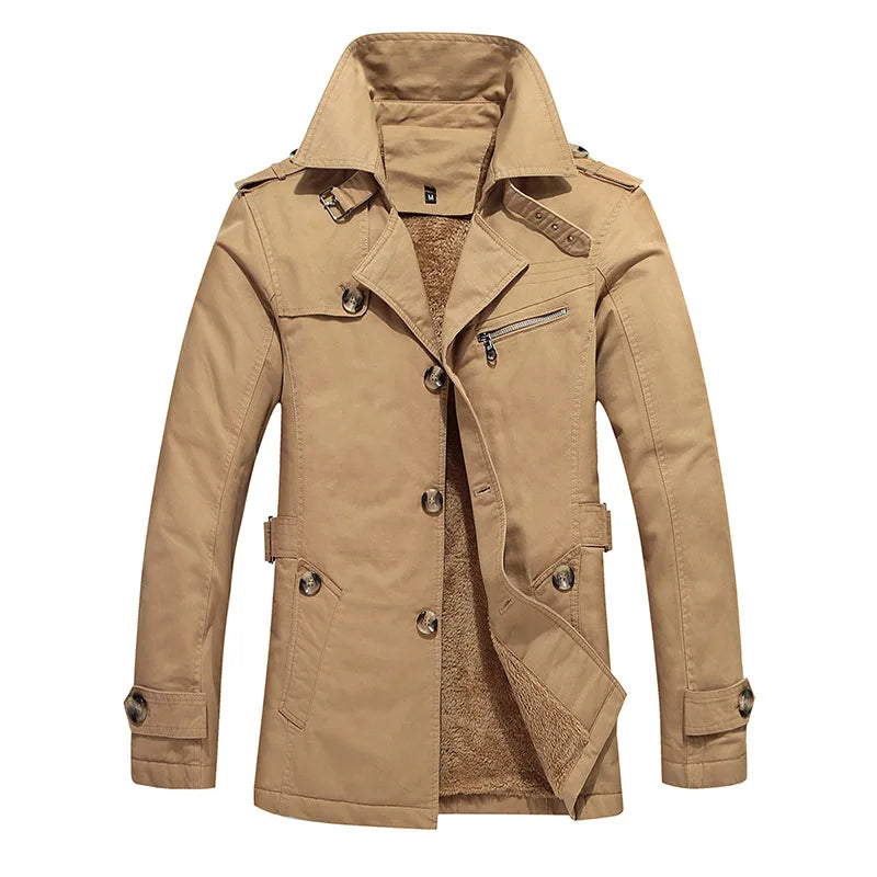 Men's Long-Sleeve Fleece-Lined Jacket, New Winter Style Collared Warm Coat, Available in Black, Blue, Khaki, and Army Green.