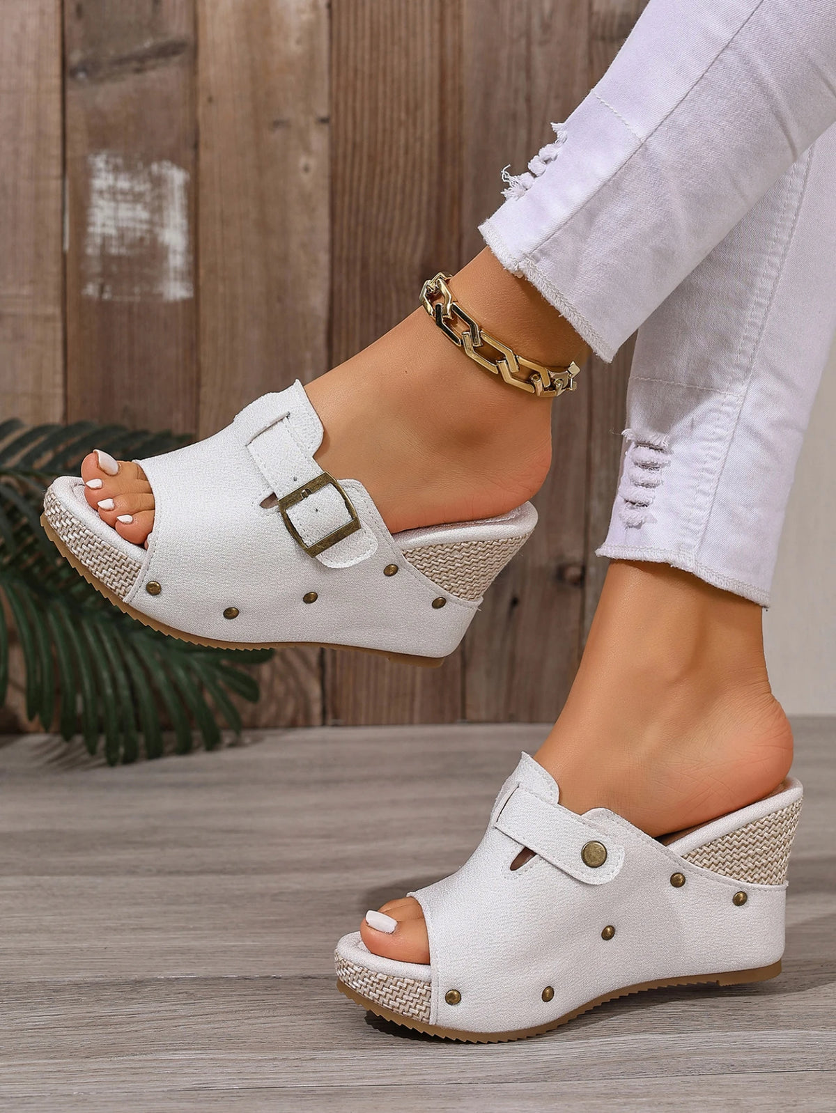 Summer Women's Espadrille Wedge Mules Black White Adjustable Buckle Open Toe Platform Sandals Rivet Decor Casual Slip-On Shoes