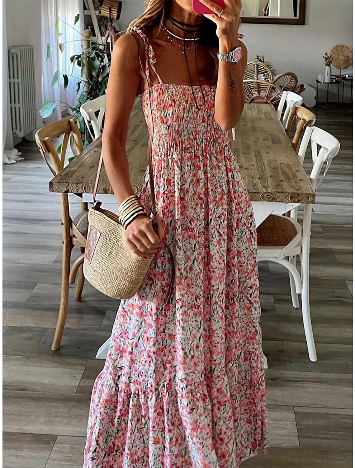 Summer Fashion Sling Maxi Dress Loose Elegant Ruffle A-Line Dress Casual  Floral Printed Women Backless Beach Dresses Midi Dress