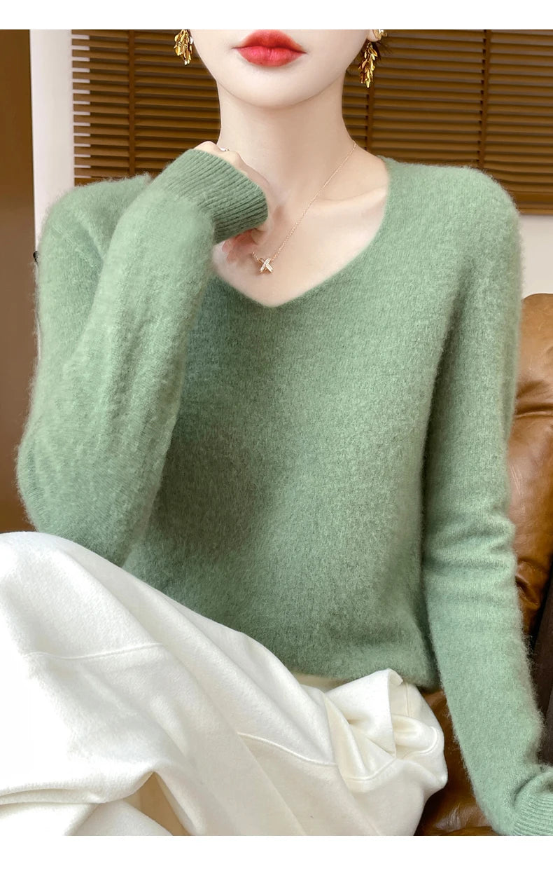 Fashion Pullover 100% Merino Wool Women Sweater V-Neck Long Sleeve Basic Jumper Spring Autumn Winter Clothing Knitwear Tops