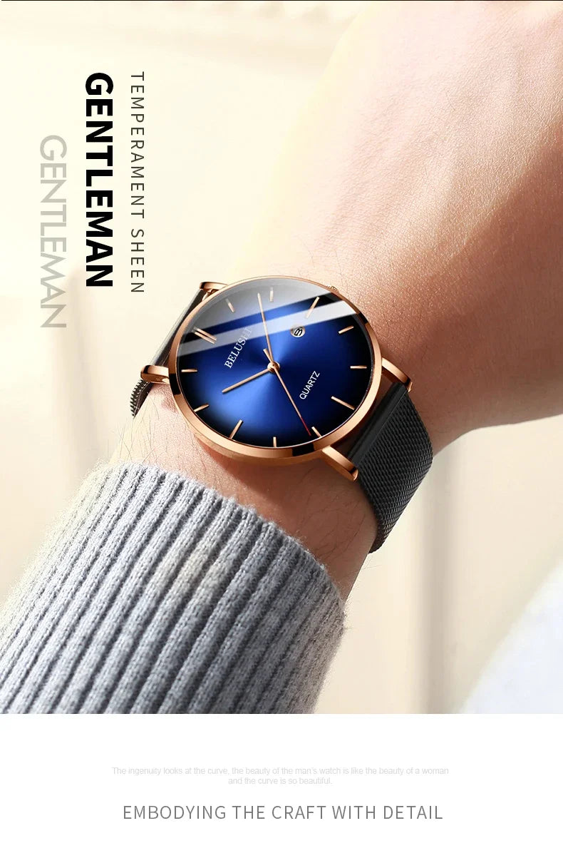 BELUSHI Fashion Mens Watches Top Brand Luxury Slim Steel Mesh Quartz Watch Men Business Waterproof Analog Wrist Watch Male Clock