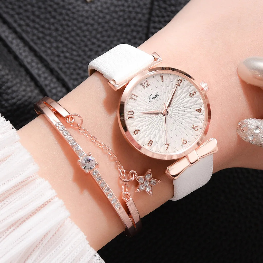 Fashion Women Watches Luxury Leather Buckle Flower Rhinestone Watch Ladies Quartz Wrist Watch Bracelet Set Reloj Mujer