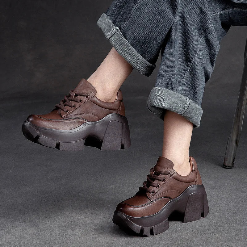 GKTINOO 2026 Women Shoes Handmade Retro 100% Genuine Leather Thick High Heel Chunky Platform Casual Height Increasing Shoes