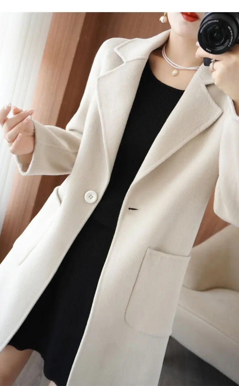 100% Pure Wool Double-Sided Cashmere Jacket Women Overcoat  Autumn Winter New Mid-Length One-Button Slim Wool Windbreakers coat