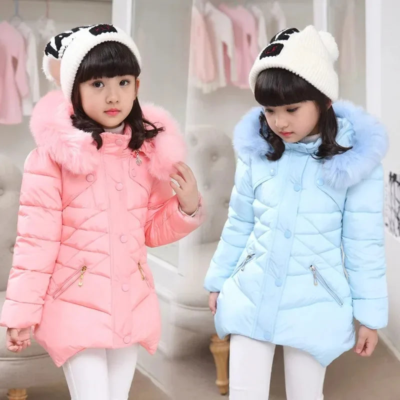 Winter Girls Jacket Solid Color Mid-Length Thicken Cold Protection Hooded Down Cotton Windbreaker Coats For 4-12 Years Old