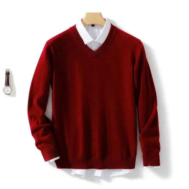 Soft Cashmere Sweater Men's Clothing Autumn Winter Pullover Business Casual Bottom V-neck Knitted Woolen Slim Fit Knitwear Male