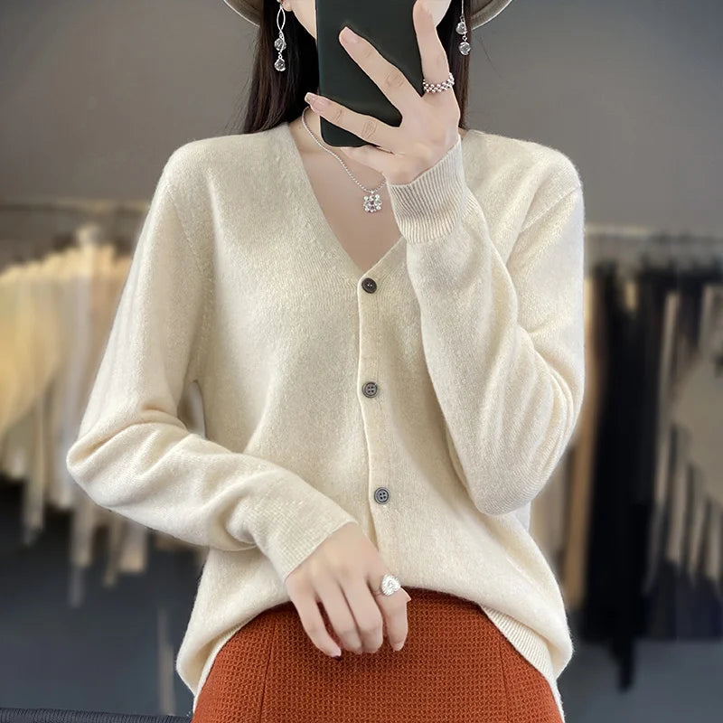 New Fashion Spring Autumn 100% Merino Wool Women's V-neck Cardigan Cashmere Sweater 2024 Female Knitwear Clothing Korean Tops