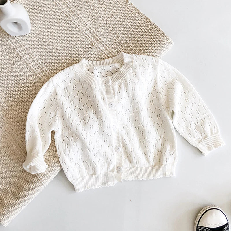 Newborn Baby Girls Knitting Cardigan Solid Color Hollow Out Long Sleeve Cardigan Autumn Spring Toddler Baby Girls Sweater Coat