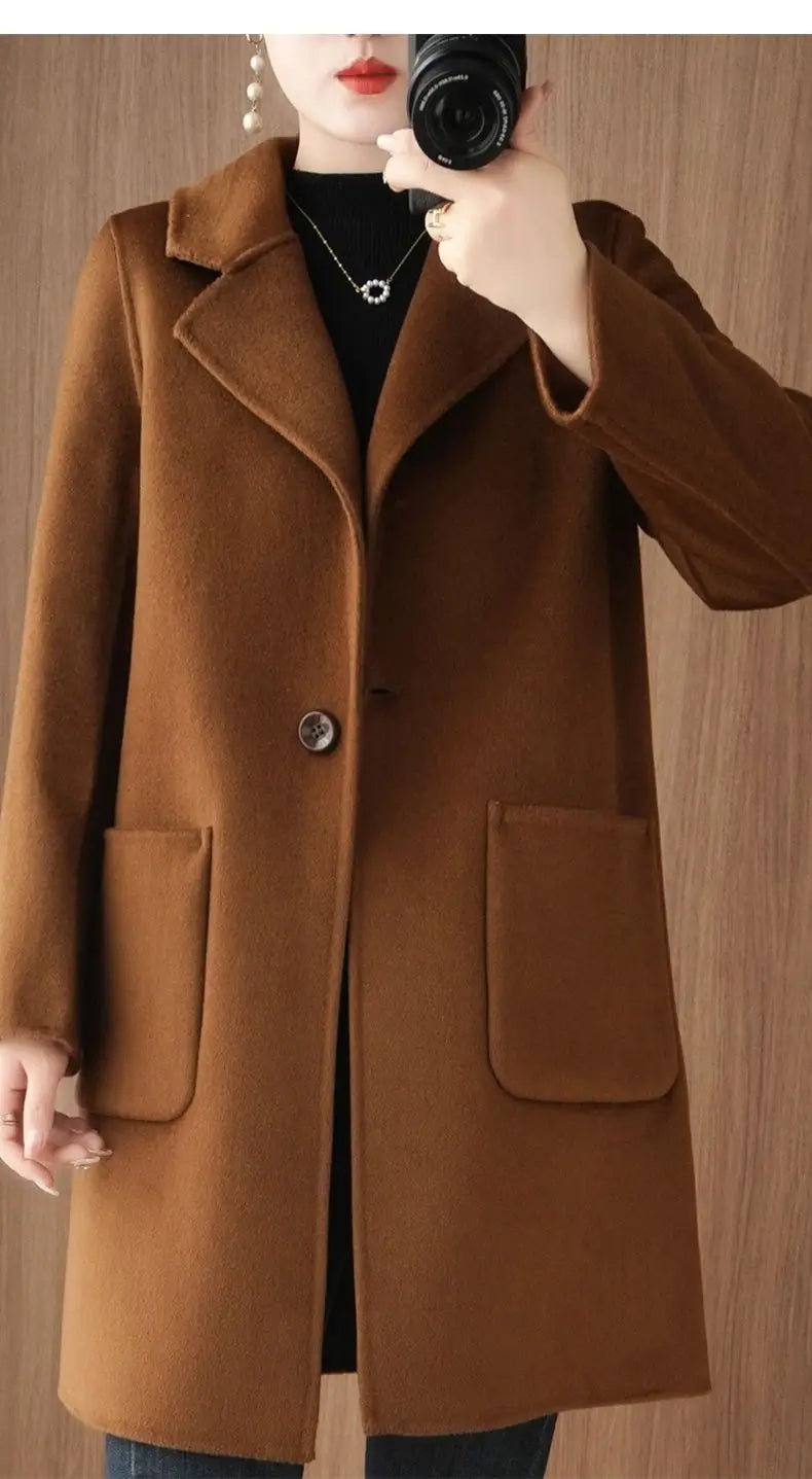 100% Pure Wool Double-Sided Cashmere Jacket Women Overcoat  Autumn Winter New Mid-Length One-Button Slim Wool Windbreakers coat