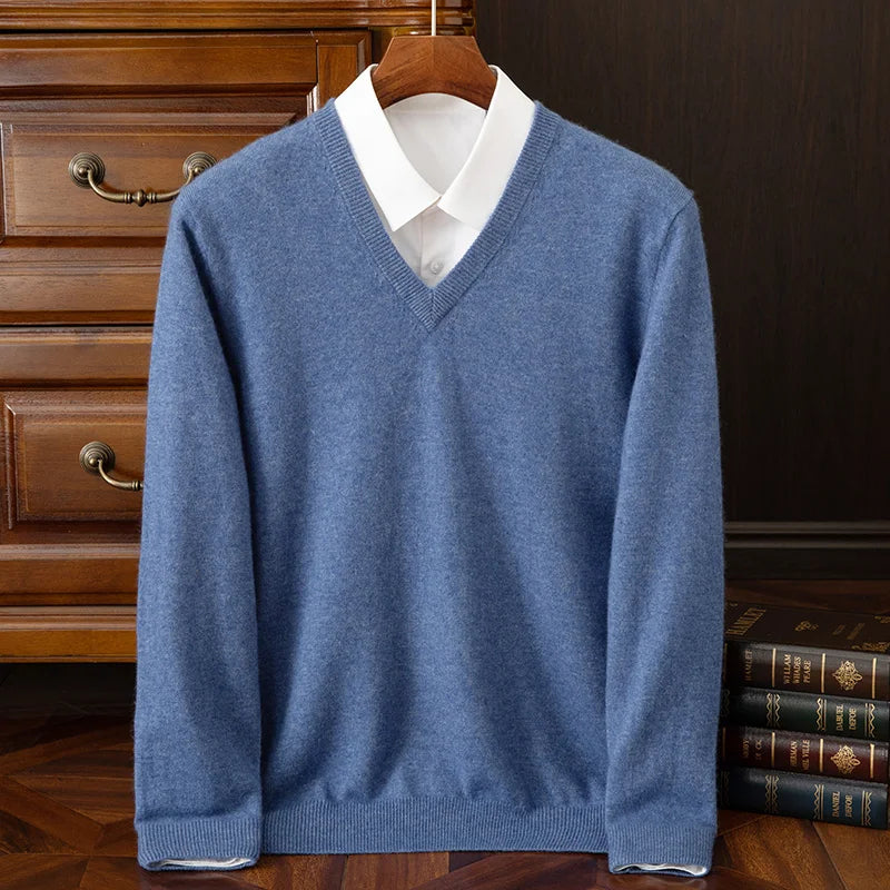 100% Cashmere Men's Pullover Casual Solid Color Knitted Sweater Loose Pull V-Neck Tops Basic Versatile Jumper