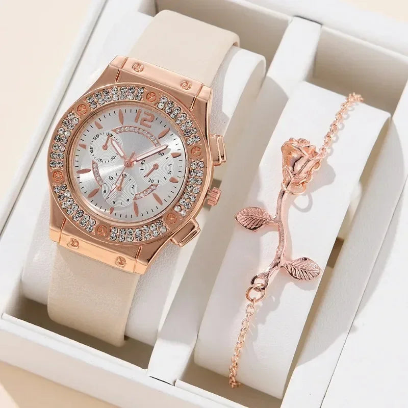 2pcs Elegant Wristwatch Flower Bracelet Watches Set Luxury Rhinestone Women Quartz Watch for Girl Ladies Clock Relogios Feminino