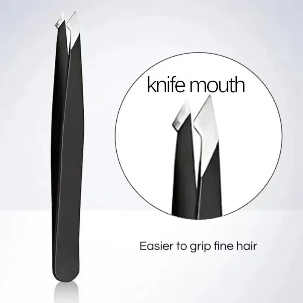 Stainless Steel Eyebrow Tweezers with Trimming Knife Slant Flat Tip Hair Remover Eyebrow Eyelash Beard Double Eyelid Makeup Gift