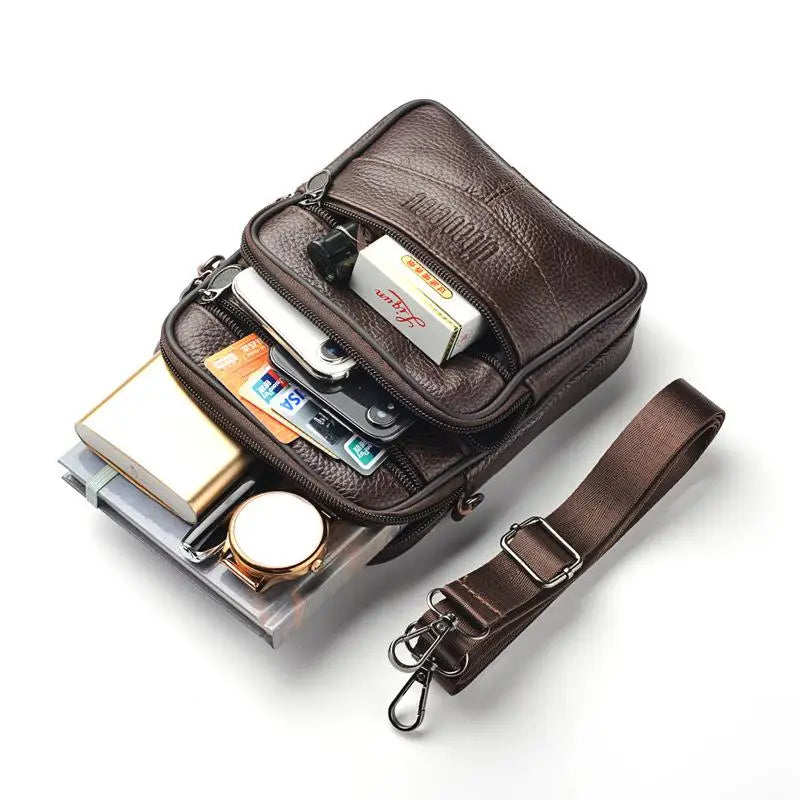 Men’s Genuine Leather Crossbody Bag,Double Zipper Small Shoulder Bag,Compact Multi-Pocket Sling Bag for Everyday Carry