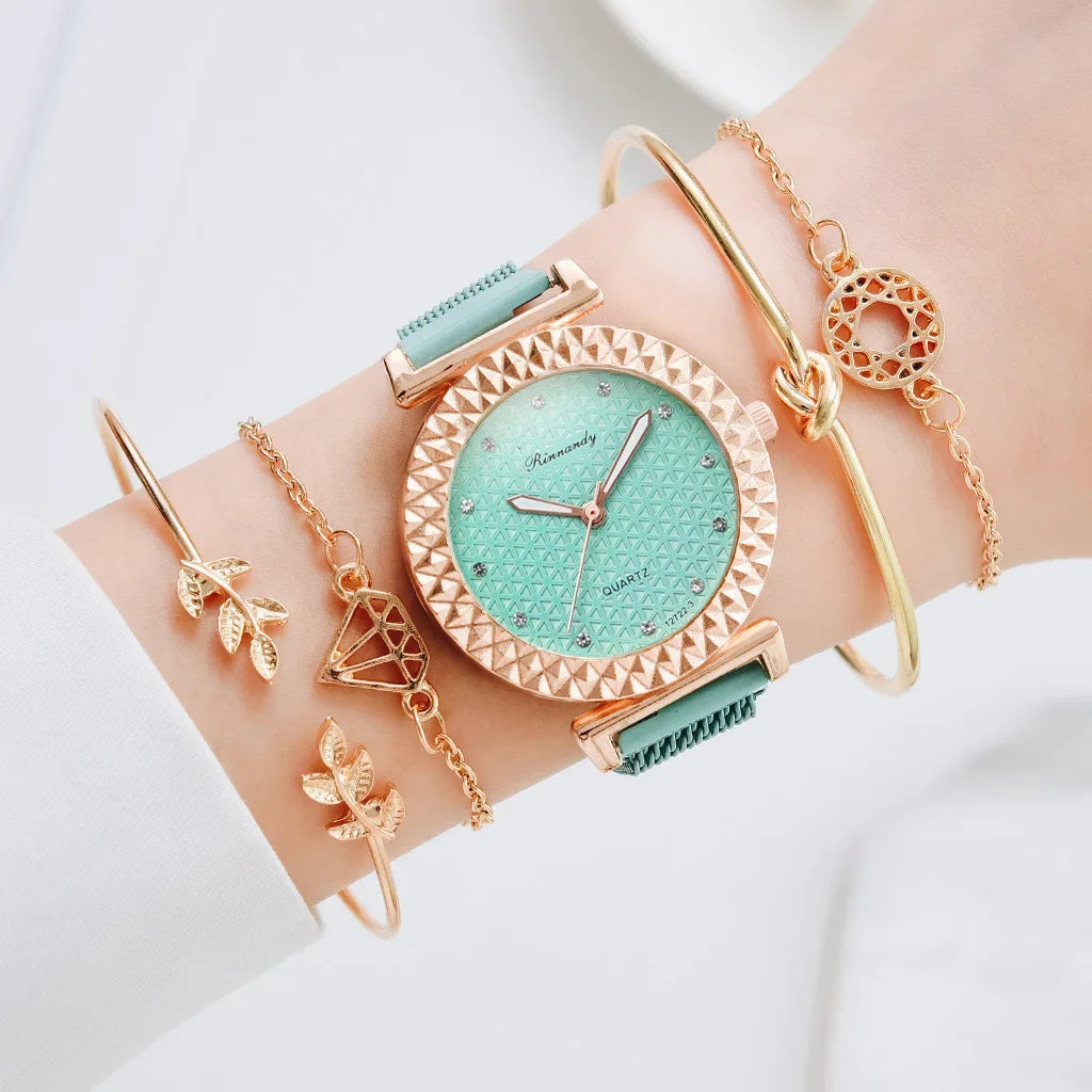Luxury 5pcs Set Bracelet Watch Women Elegant Magnet Diamond Ladies Quartz Wrist Watch Dress Pink Clock Reloj Mujer Dropshipping