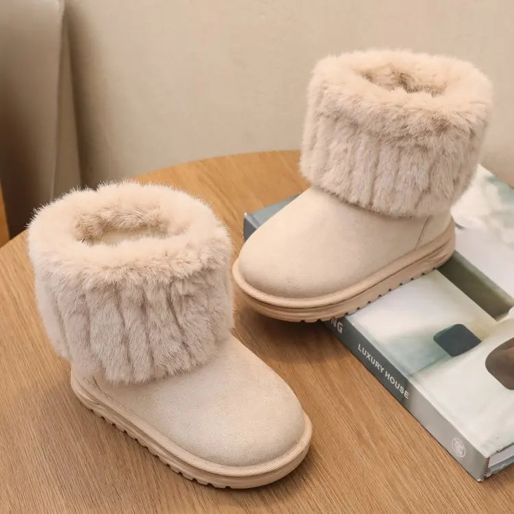 2025 Winter Classic Children Furry Snow Boots Beige Outdoor Girls Fashion Ankle Cotton Boots Warm Soft Kids Causal Ankle Boots