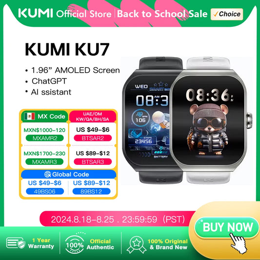 KUMI KU7 Smartwatches 1.96" Amoled 100+Sport Modes NFC IP68 Waterproof  Bluetooth Call Health Sleep Monitoring sos for man woman