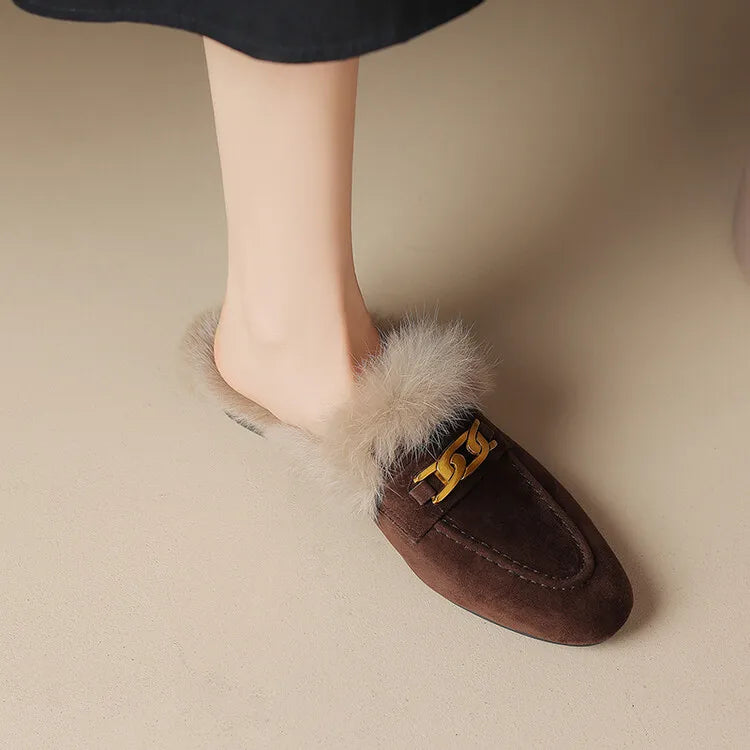 2023 Winter Sheep Suede Women Shoes Rabbit Hair Mules Shoes for Women Round Toe Low Heel Slippers Chunky Heel Cover Toe Slippers