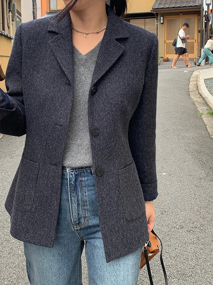 50 Wool Women Notched Collar Blazer Jacket Coat Fall Winter Thick Warm Overcoat Pocket Fashion Slim Waist Buttons Coat 2024 New