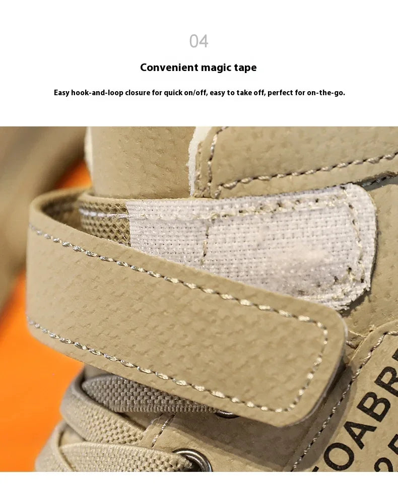 A pair of children's winter velvet warm snow boots with leather waterproof and anti-slip wear-resistant high-top cotton shoes