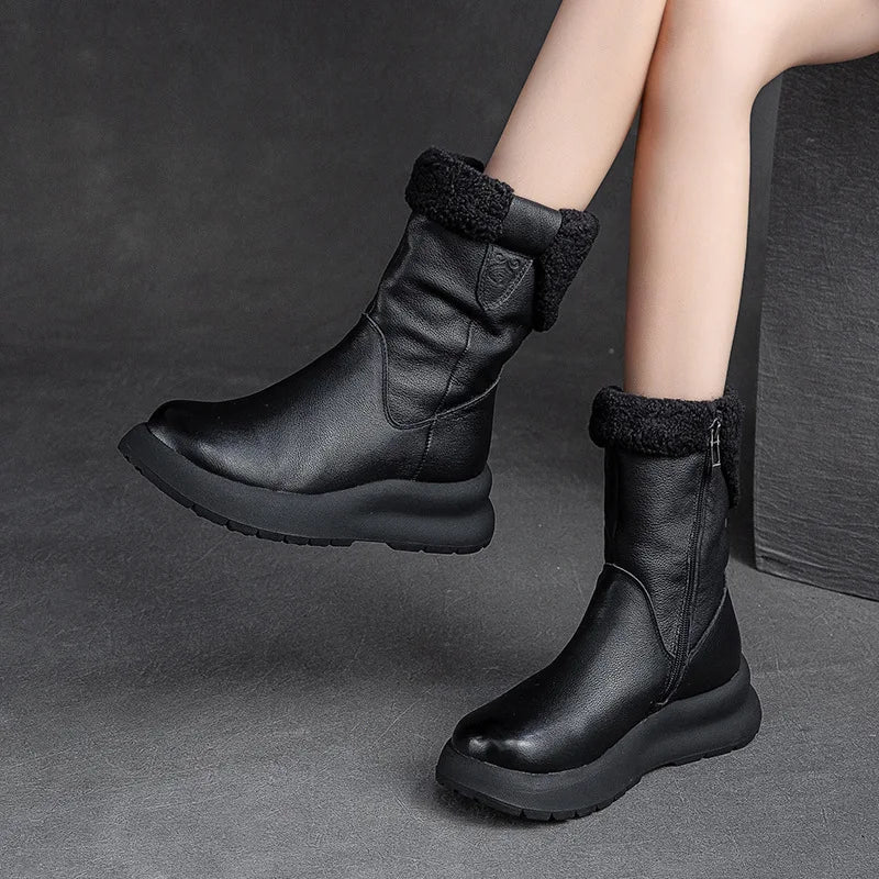 Koznoy 5cm Natural Genuine Leather Chunky Cow Spring Rubber Ankle Boots Soft Soled Winter Plush Flats Booties Autumn Women Shoes