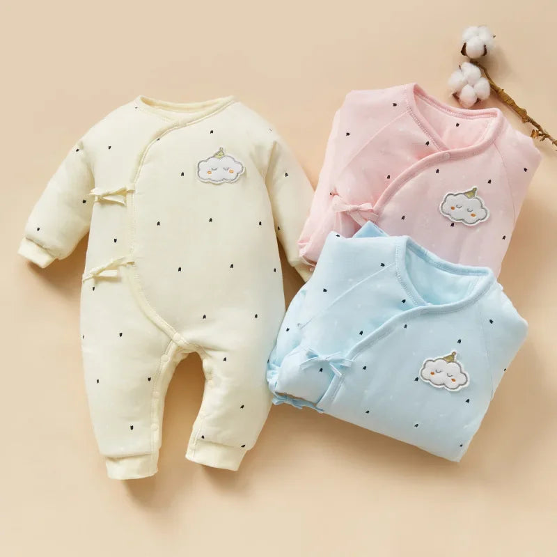 Winter Baby Lace-up One-piece Warmth Newborn Clothes 0-6 Months Thick Cotton Pajama Romper Bodysuits Children's Clothes