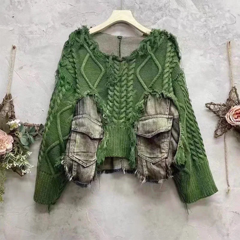 Tannt Women Sweater Patchwork Asymmetry Pullover Knitting Tops Asymmetry Color Matching Loose Long Knitting Sweaters 2025 New
