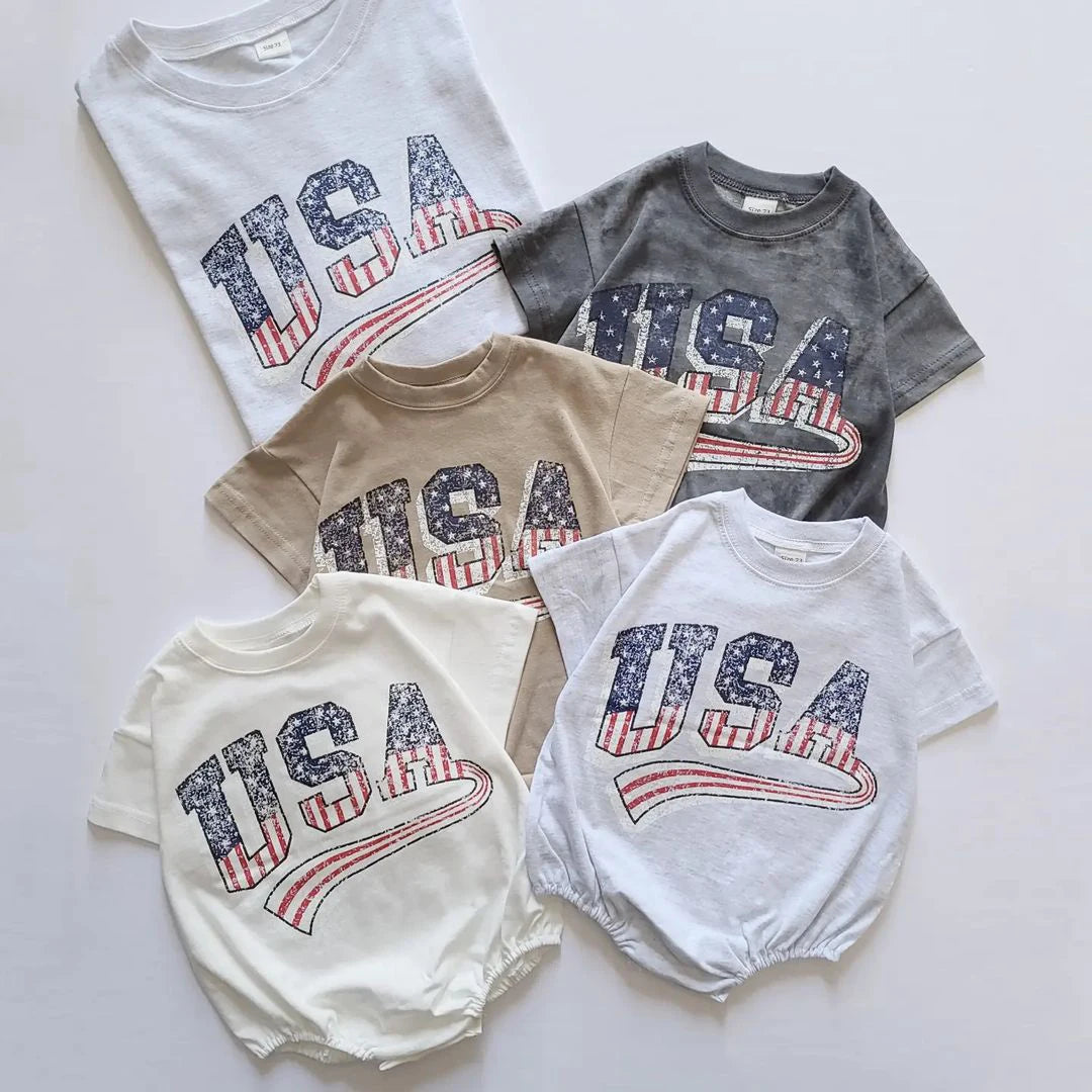 Baby Boys USA Print T-Shirt Romper Newborn Bebe Short Sleeve Sweatshirt Onesie Toddler Girls Romper 0-24M Jumpsuits Summer