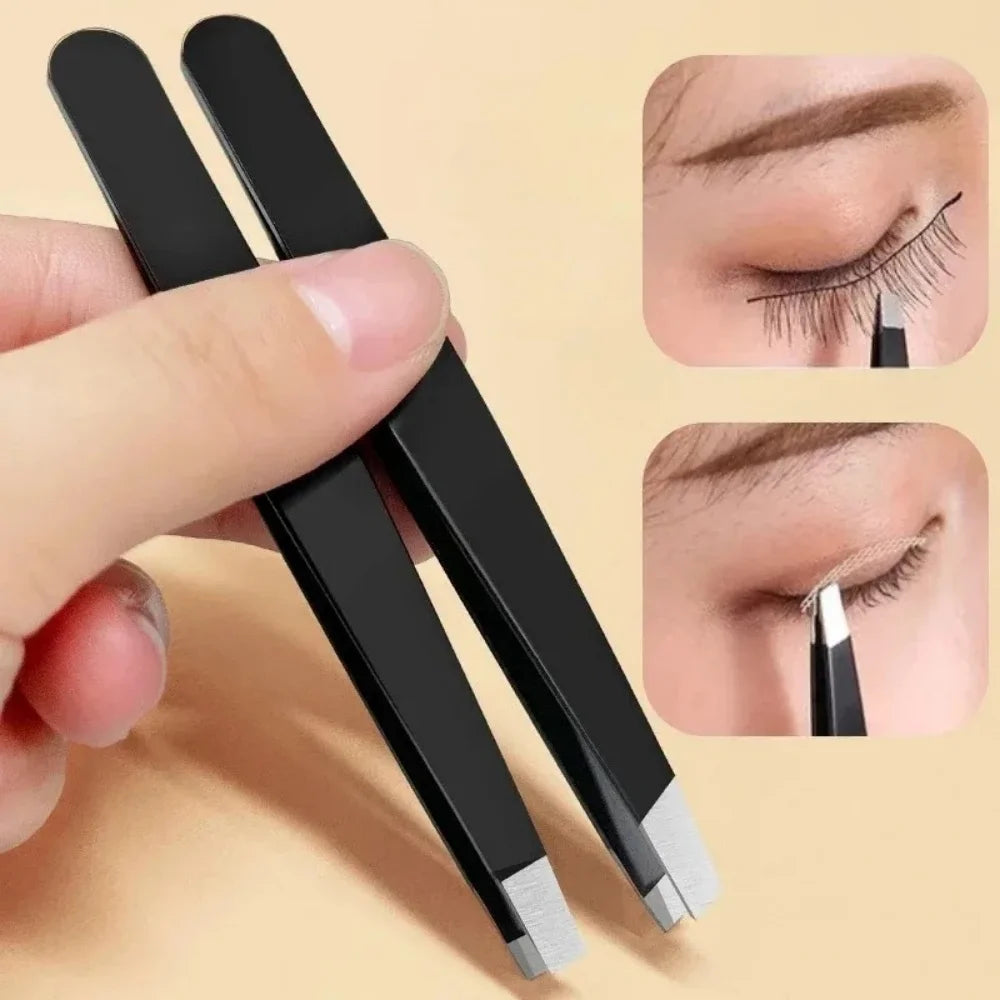 Stainless Steel Eyebrow Tweezers with Trimming Knife Slant Flat Tip Hair Remover Eyebrow Eyelash Beard Double Eyelid Makeup Gift