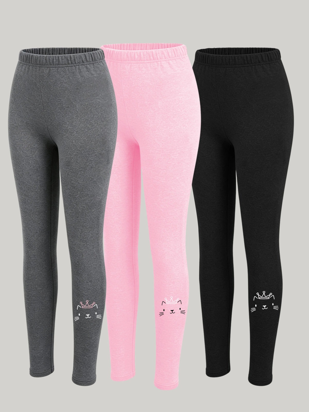 Girls' Leggings 3-Pack: Stretchy, slim-fit pants in pink, gray, and black, featuring a crown-wearing kitten print at the hem—ver