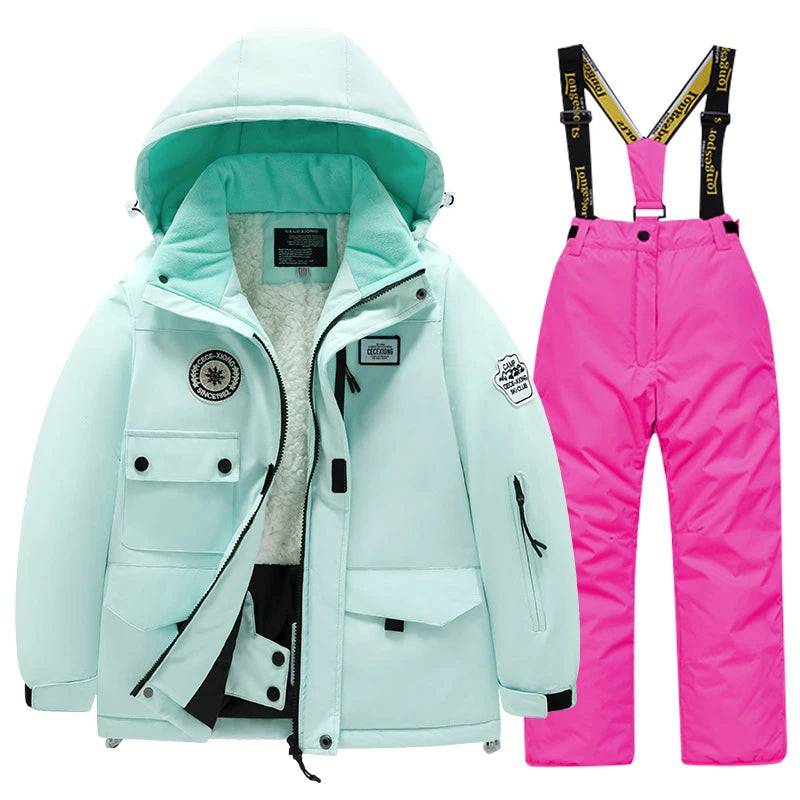 Winter children's skiing suit for boys and girls, windproof and waterproof thick coat for warmth and snow playing equipment