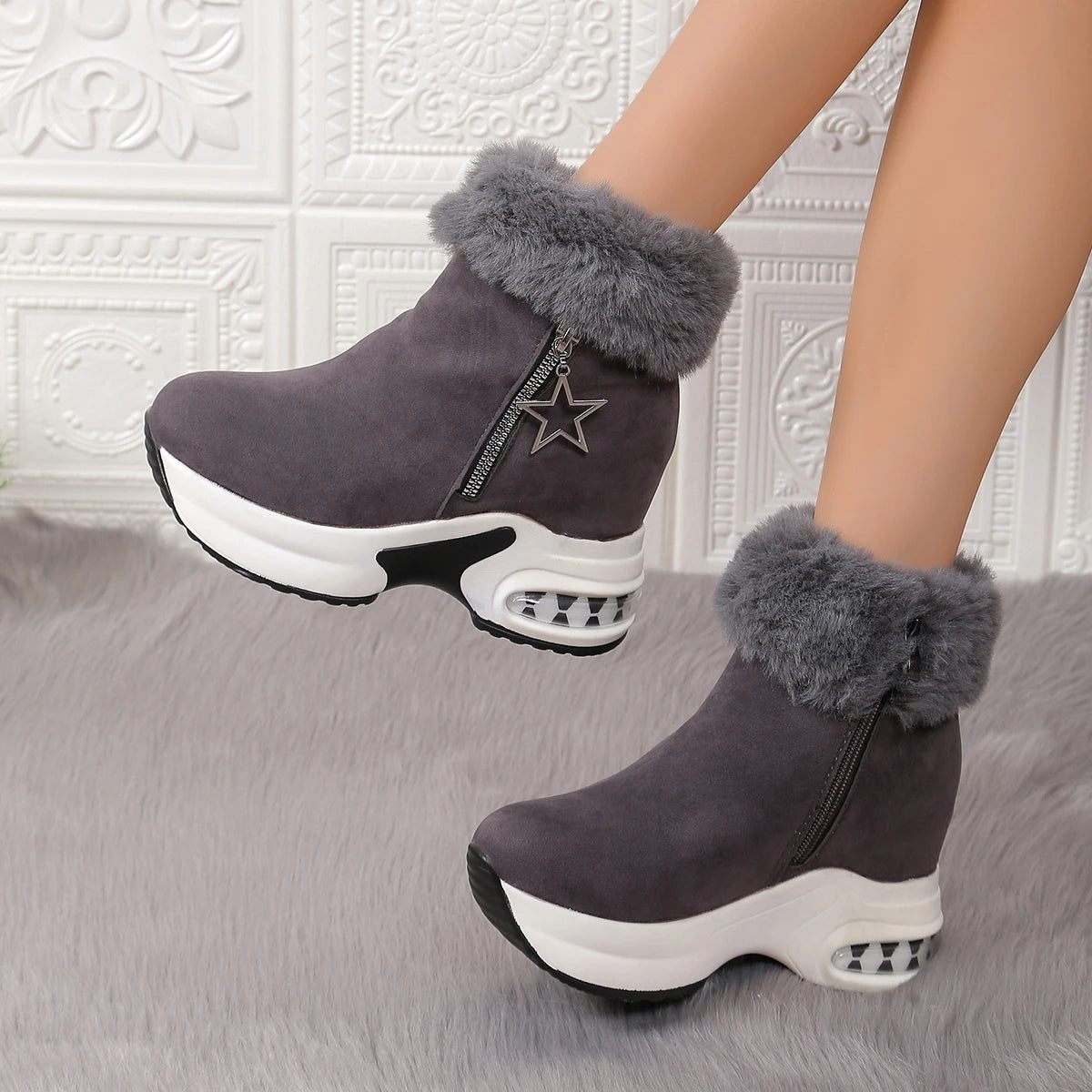 Women Boots Winter 2024 New Casual High Heels Warm Boots Thickened Fluff Wedge Shoes Fashion Outdoor Platform Snow Boots Women