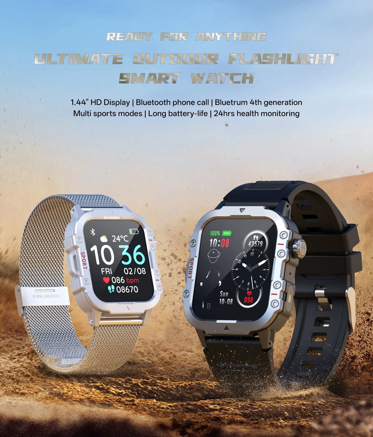 2026 New Military Smart Watch Men IP67 3ATM Outdoor Sports Fitness Tracker Health Monitor 1.44Inch BT Call Smartwatch