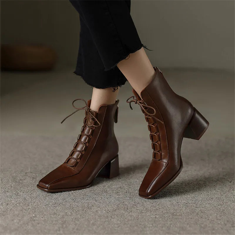 2022 Autumn Women Boots Square Toe Back Zipper Women Shoes Chunky Heels Shoes for Women High Heel Boots Vintage Leather Shoes