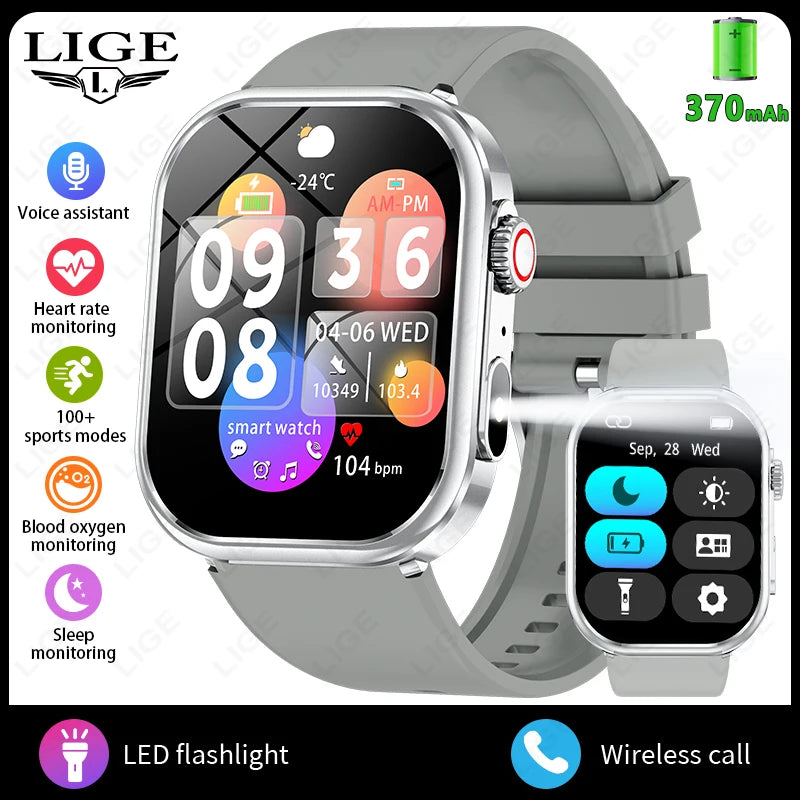 LIGE Women Smart Watch 2.01" IP68 Waterproof Outdoor Sports Tracker LED Flashlight Bluetooth Call Men Smartwatch For Android iOS