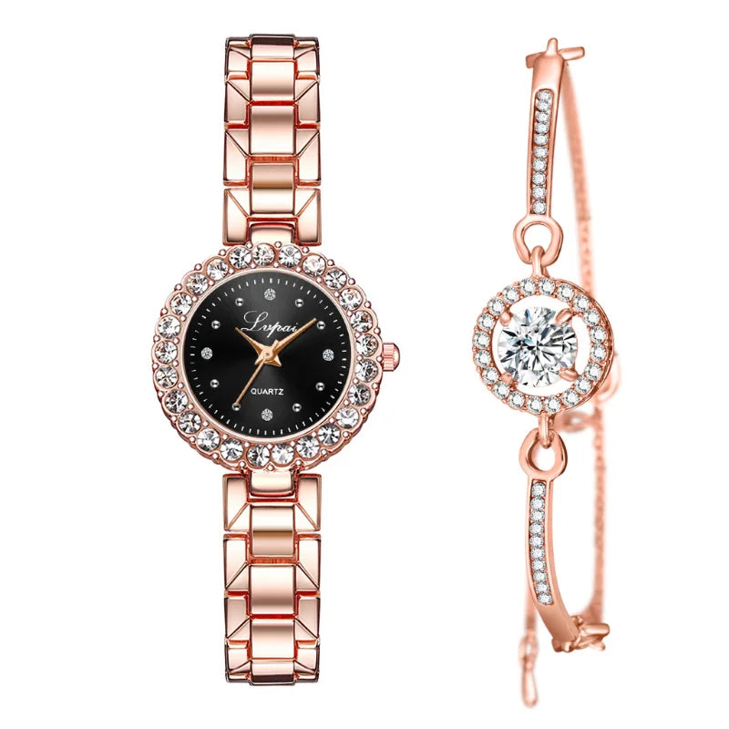 2PCS Set Luxury Alloy Bracelet Quartz Watch with Rhinestone Diamond Dial, Hidden Clasp for Women reloj mujer