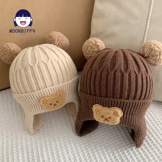 Gorro de invierno para bebé, gorro tejido con protección para la oreja de oso de dibujos animados para niños pequeños, gorros de ganchillo cálidos coreanos para niños y niñas