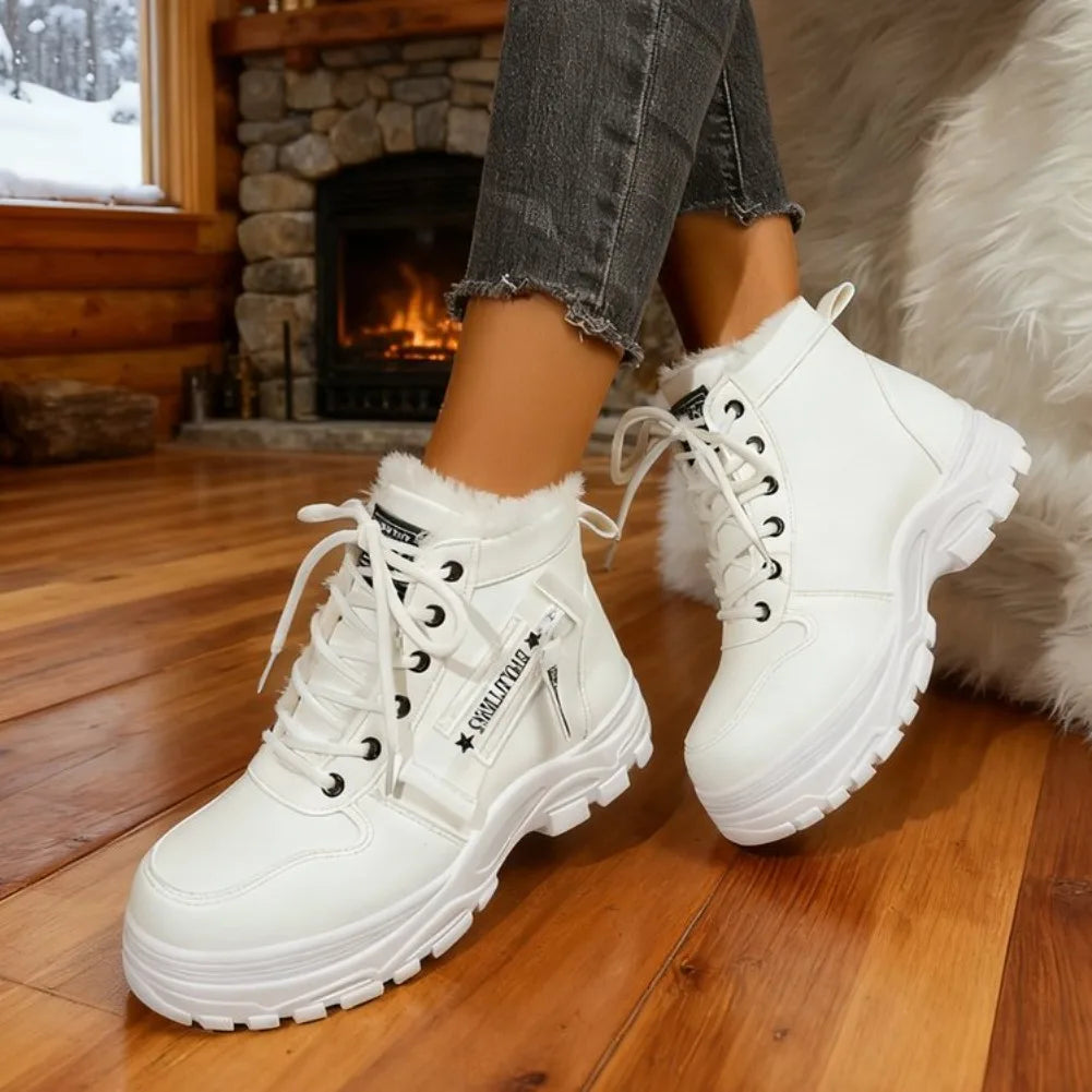 Women's Winter Snow Boots Warm Plush Lined Lace Up Chunky Platform Sneaker Booties Side Zipper Outdoor Walking Shoes for Ladies
