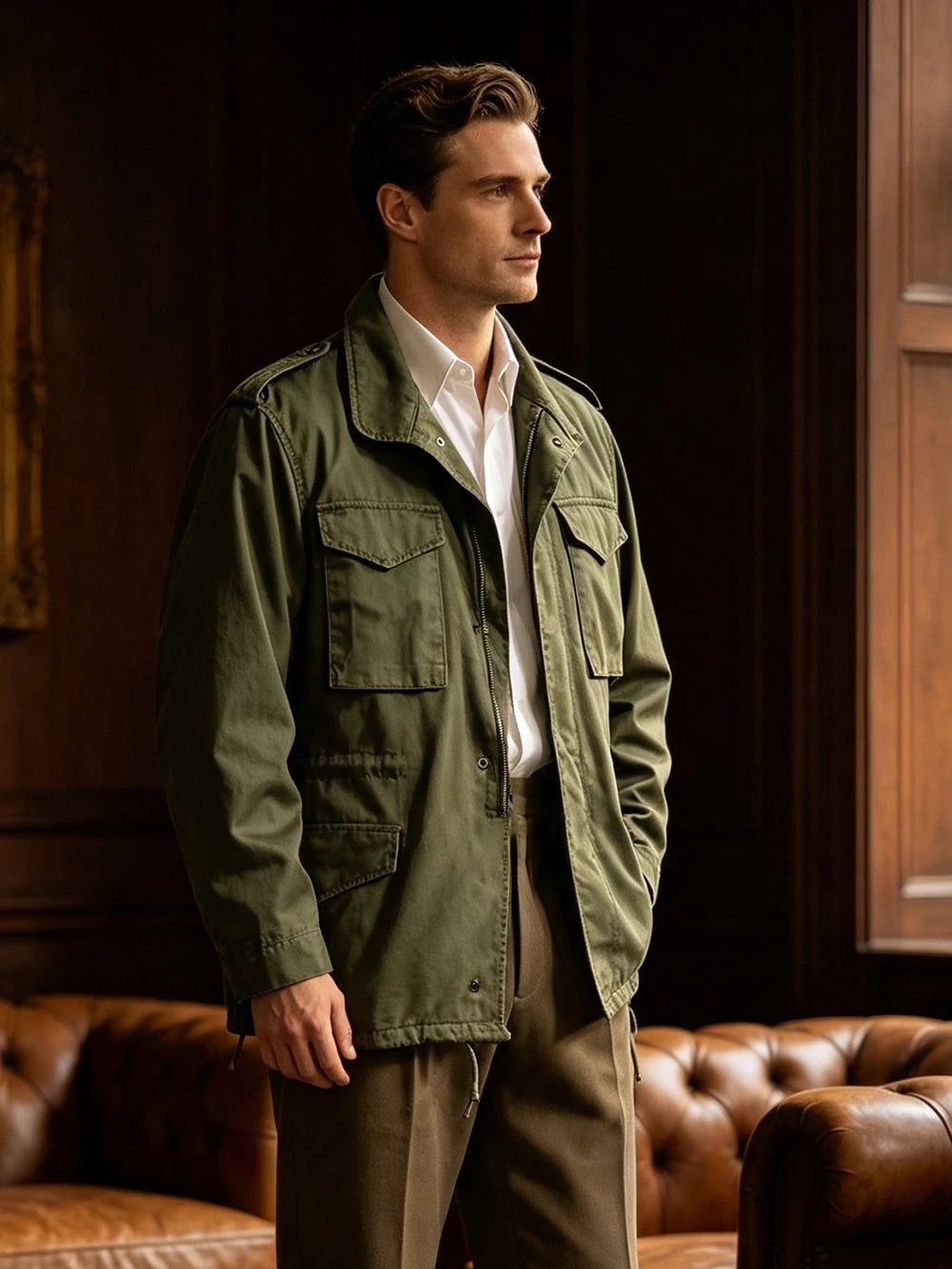 Men Old Money Style M65 Jacket Cream 100% Cotton Multi Pocket Lapel Collar Drawstring Business Casual Spring Autumn Outerwear