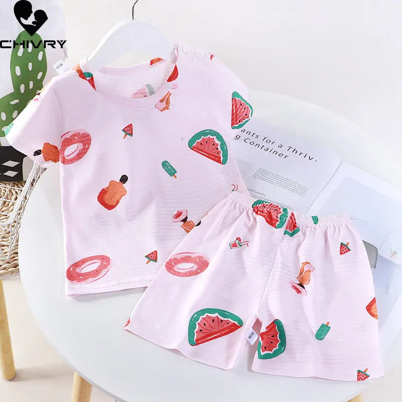Pijamas para niños y niñas, Tops finos y transpirables de manga corta con cuello redondo y pantalones cortos, conjuntos de ropa para dormir para bebés, verano 2023