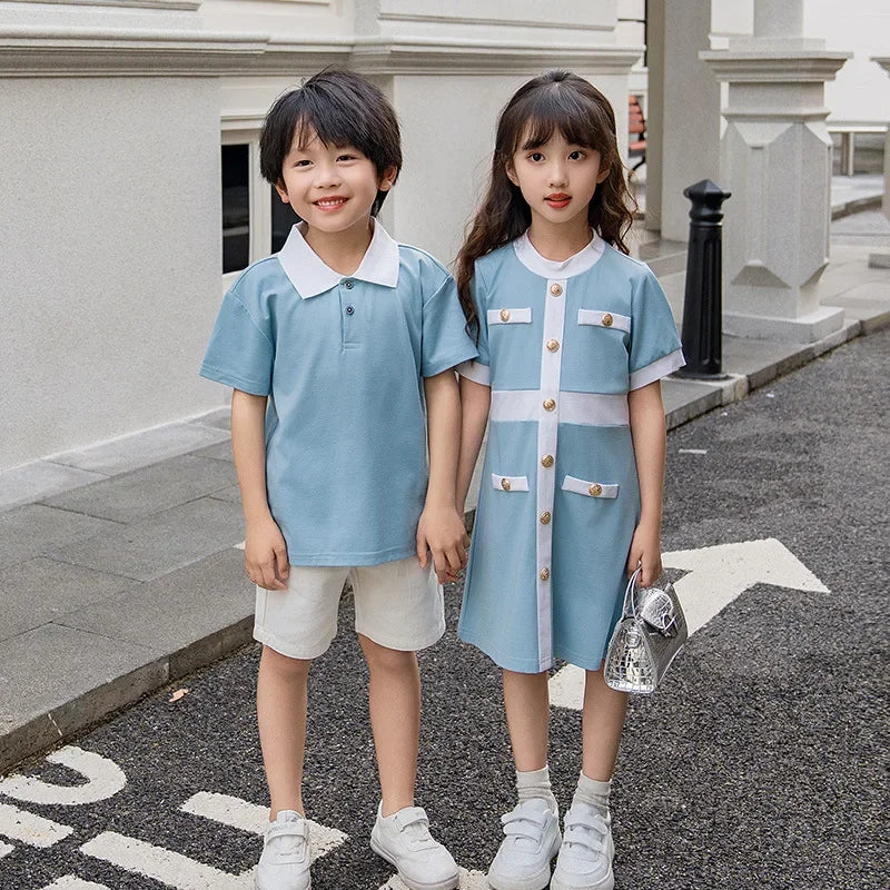 Family Bule Clothes Father and Son Polo Shirts Shorts Outfits Mother Daughter Matching Dress Brother Sister Clothes Summer