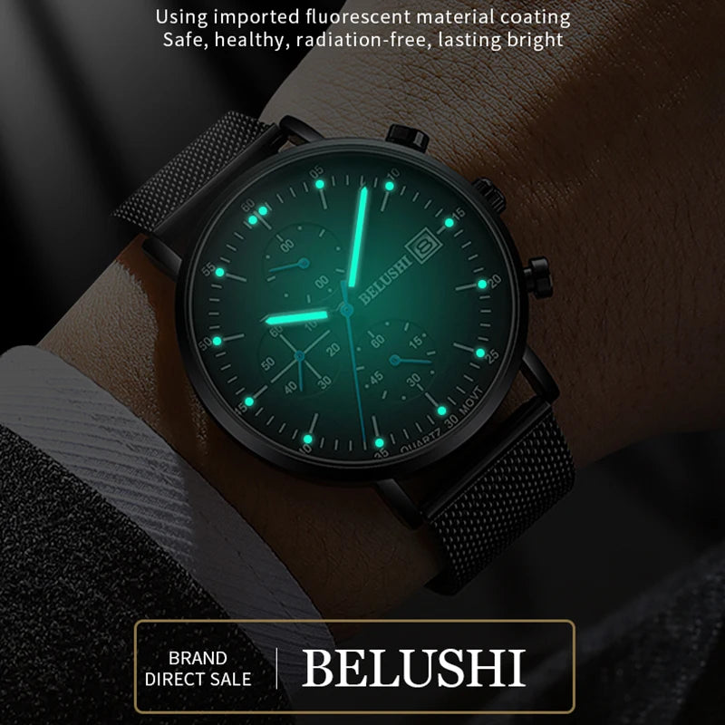 BELUSHI Three-eyes Men Sport Watches Luxury Ultra-thin Dial Stopwatch Quartz Watch Male Luminous Calendar Waterproof Clocks