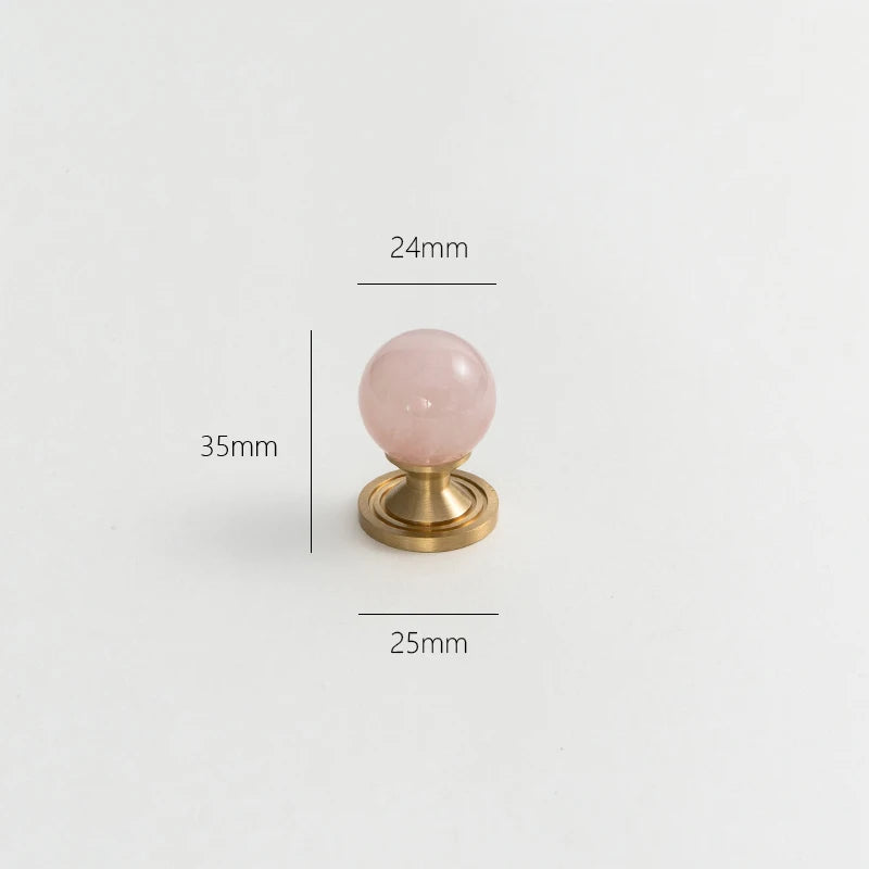 Pink Rose Quartz + Brass Cabinet Pulls,Natural Crystal Ball Knobs for Kitchen Cupboard Dresser Wardrobe, Gold Furniture Hardware