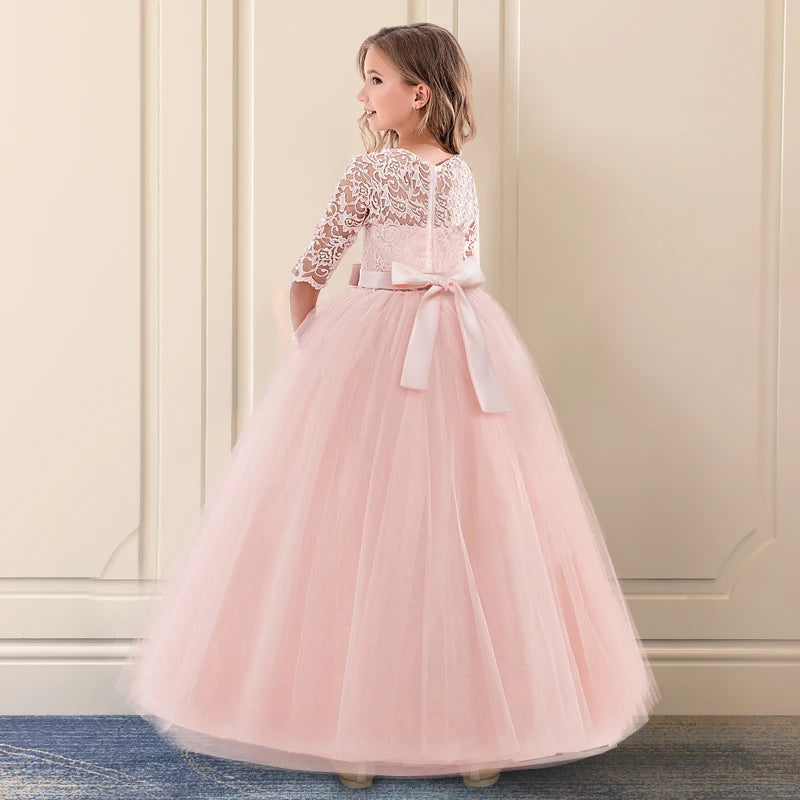 Elegant Princess Lace Dress Kids Flower Embroidery Dresses For Girls Vintage Children Dresses for Christmas Party Red Ball Gown