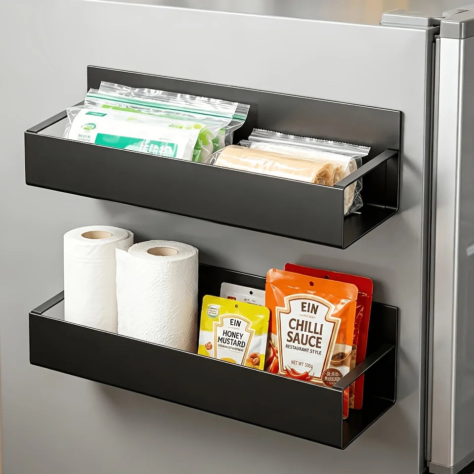 Magnetic Fridge Organizer Rack, Strong Magnet Kitchen Storage Shelf, No-Drill Washing Machine Side Spice Holder, Multi-functional Organizer Basket