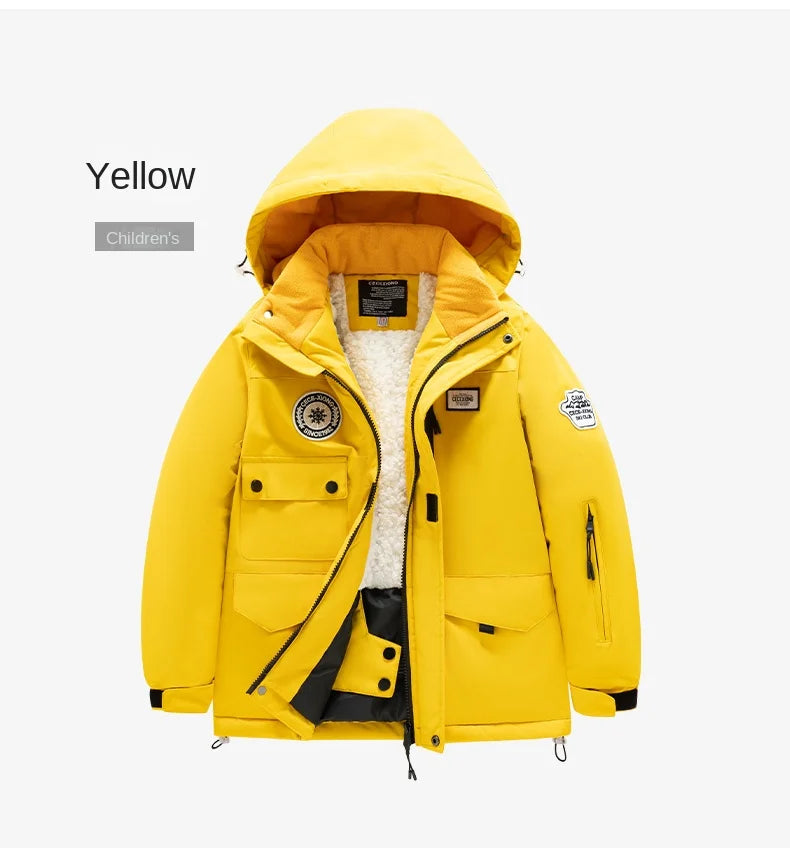 Winter children's skiing suit for boys and girls, windproof and waterproof thick coat for warmth and snow playing equipment