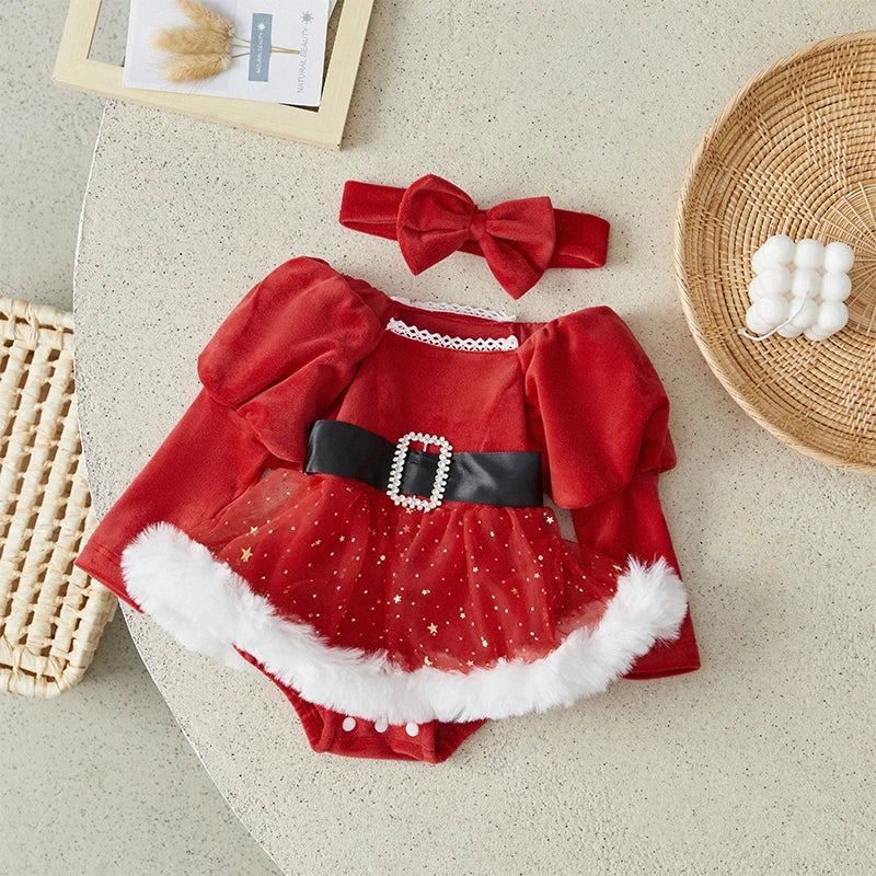 Suefunskry Baby Girls Christmas Romper Dress Sequins Stars Moon Patchwork Skirt Plush Hem Long Sleeve Bodysuit with Headband