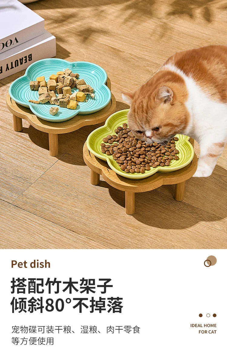 High Aesthetic Ceramic Pet Bowl with Wood Stand, Shallow Dish for Cat Snacks, Cute Bow Knot Pattern, Cat Food Dish,Home Kitchen
